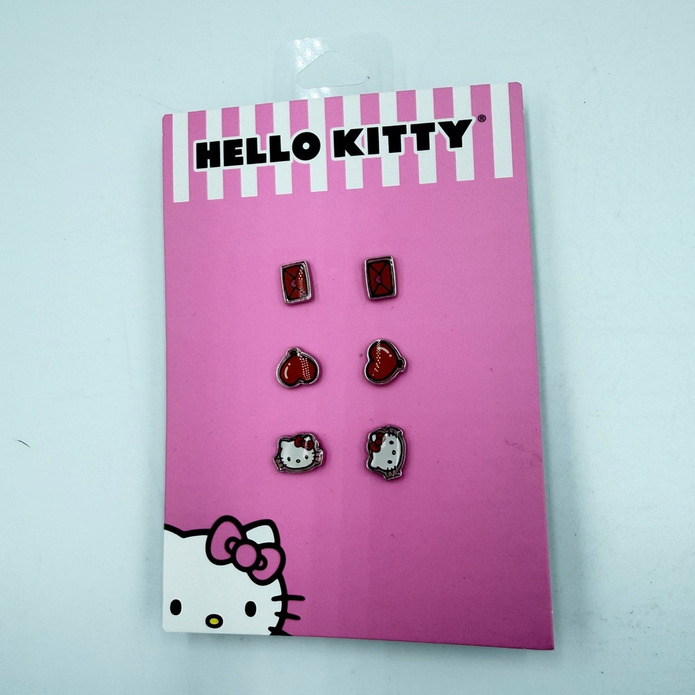 Hello Kitty Sanrio Stud Earring Set 3 Pairs Heart Envelope Silver Tone NWT
